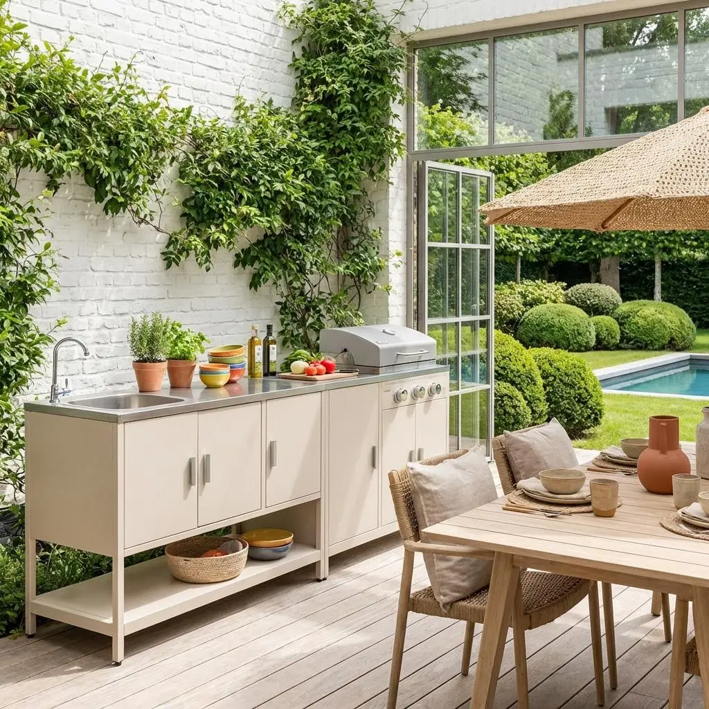 Cuisine d'extérieure 2 modules avec barbecue gaz 3 brûleurs sur pieds, thermomètre