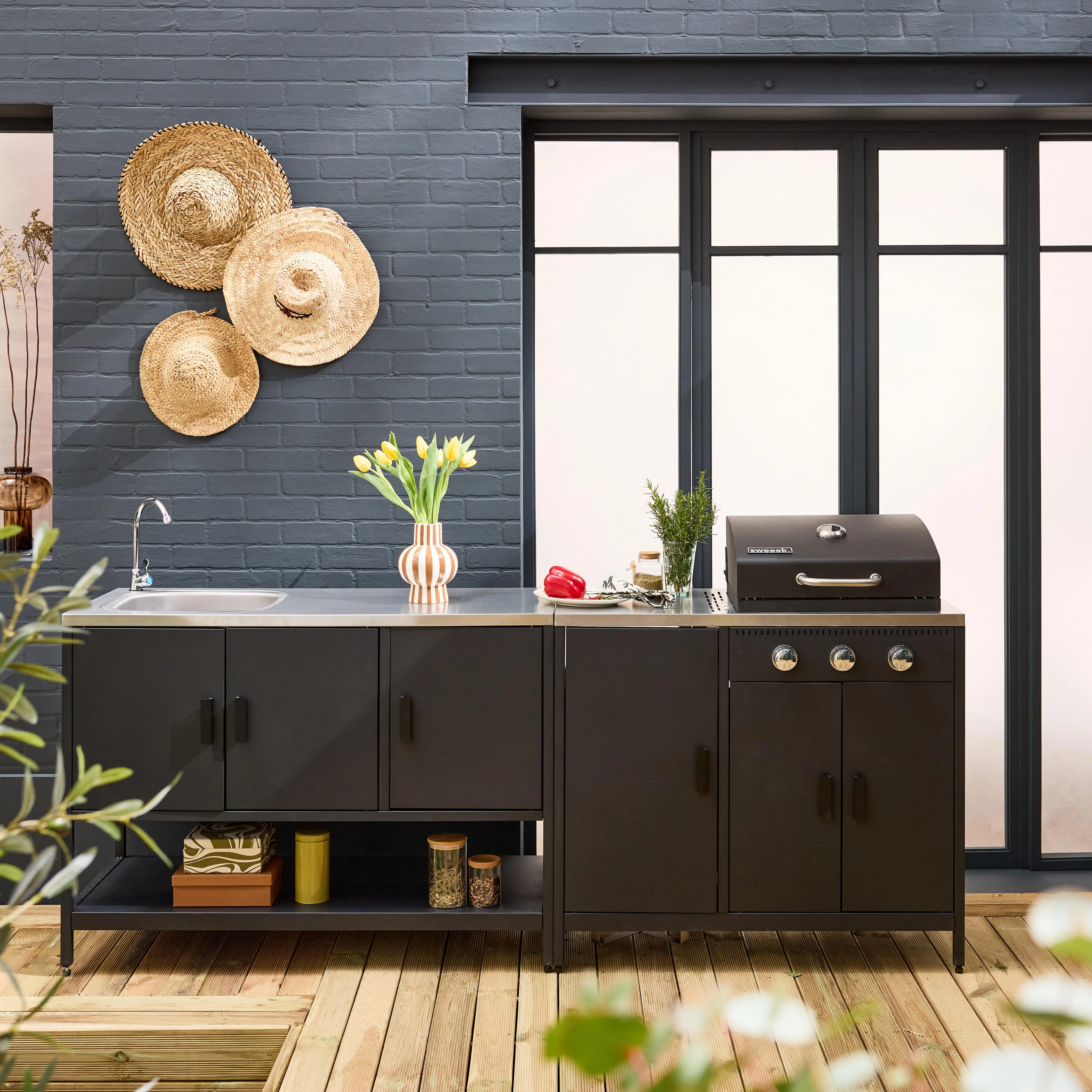 Cuisine d'extérieure 2 modules avec barbecue gaz 3 brûleurs sur pieds, thermomètre
