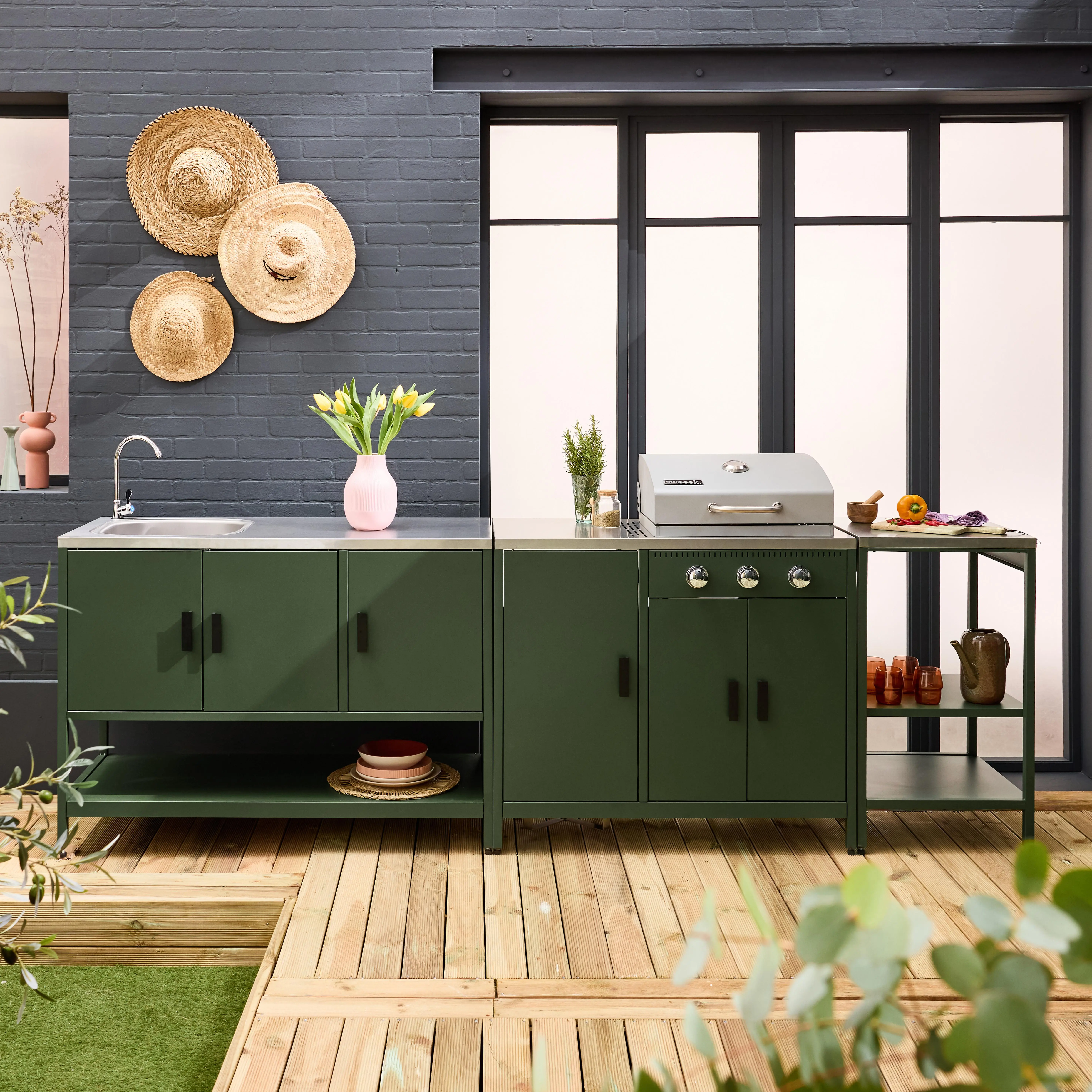 Cuisine d'extérieure 3 modules avec barbecue gaz 3 brûleurs sur pieds, thermomètre